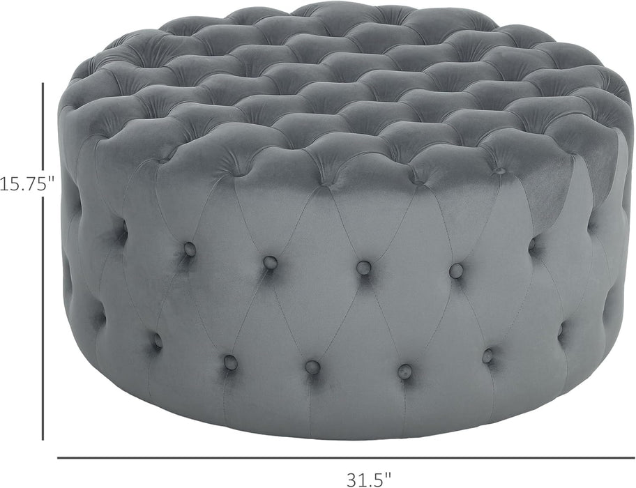 31.5" round Ottoman, Large Velvet-Feel Upholstered Foot Stool with Button Tufted Design and Padded Seat for Living Room, Entryway, Dark Gray