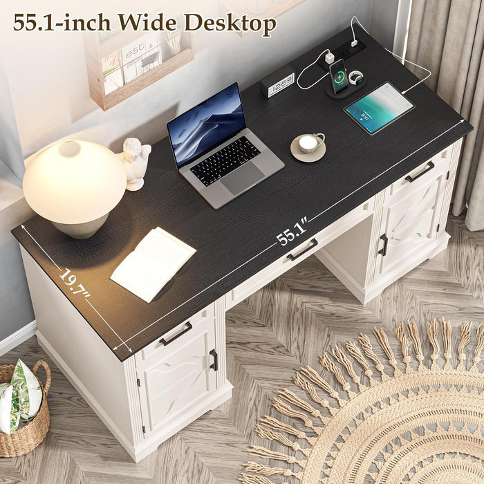 55.1" Modern Farmhouse Executive Desk with Built-In Charging Station, Home Office Computer Desk with 3 Drawers, 2 Adjustable Cabinets, Large Storage Writing Workstation for Working, White