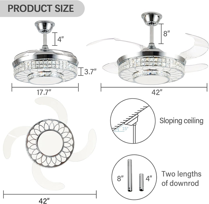 42" Retractable Ceiling Fans with Lights, Crystal Chandelier Ceiling Fan with Remote & APP Control, Modern Dimmable LED Fandelier for Living Room, Dinning Room, Bedroom (Silver)