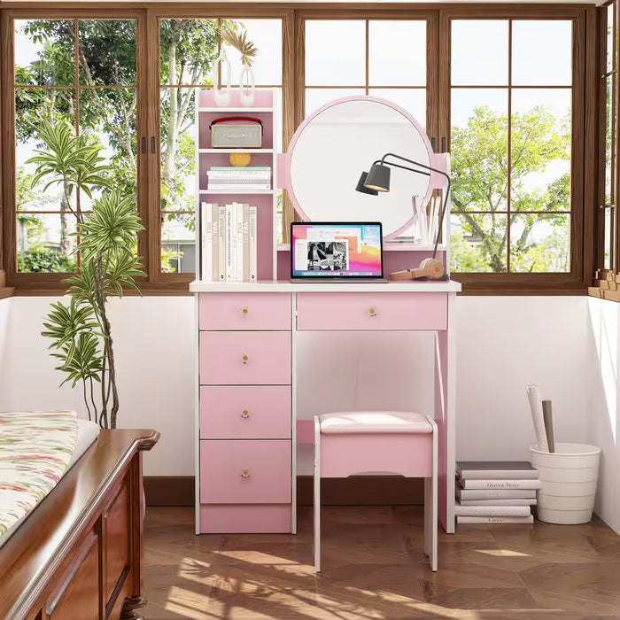 5-Drawers Pink Makeup Vanity Dressing Table Set with Stool, Mirror and Storage Shelves Girls Dressing Table