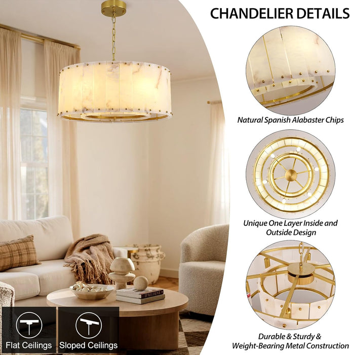 Alabaster Chandeliers,D24In Marble round Alabaster Chandelier,Modern Brass Dining Room Chandelier, Adjustable Gold Chandeliers for Bedroom,Bathroom,Entryway,Foyer,E12 Bulbs Included