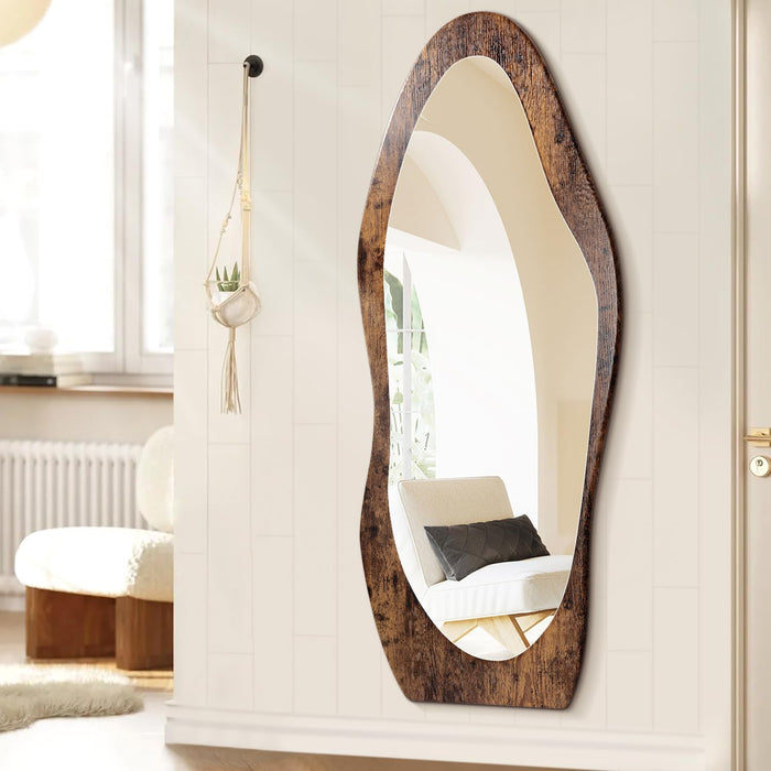Full Length Mirror Wood Framed Full Body Mirror Wavy Retro Brown