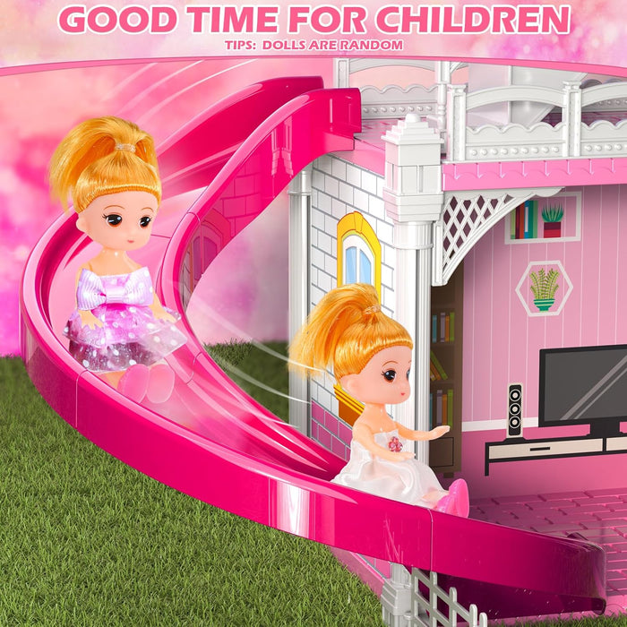 Dolls House for Girls Toys, 4 Stories 10 Rooms Dollshouse with 2 Princesses Slide Accessories, Playset for Toddler Playhouse Gift for for 3 4 5 6 7 8+ Year Old Girls Toys