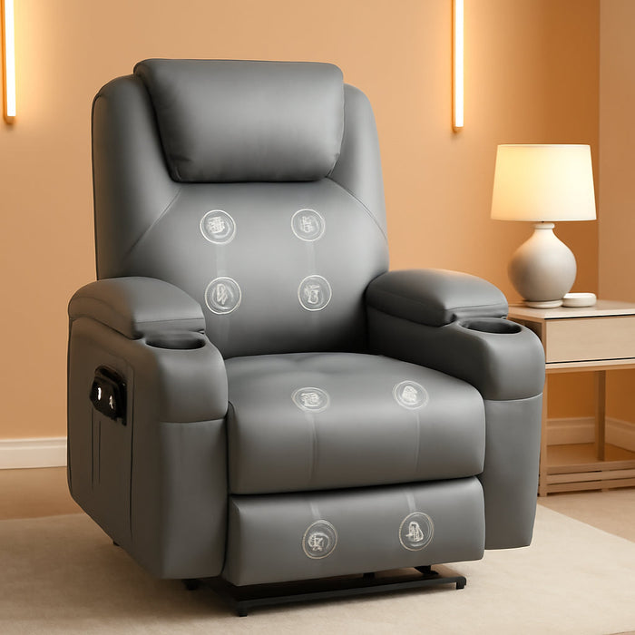 Power Lift Recliner Chair with Massage for Elderly PU Leather Modern Reclining Sofa Chair with Cup Holders, Remote Control, Adjustable Furniture (Gray)