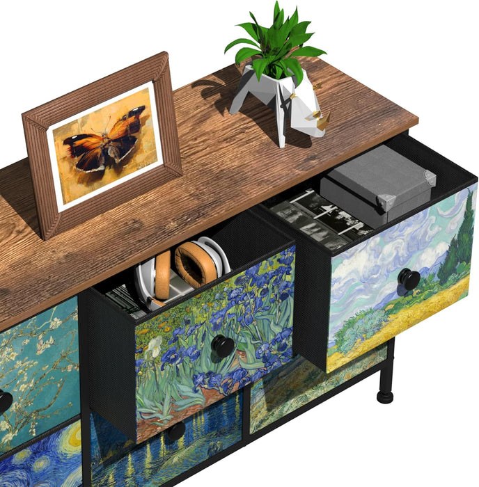 6 Drawer Dresser for Bedroom Van Gogh Chest of Drawers Wide TV Stands Fabric Storage Drawer Unit for Living Room Entryway Closet Sturdy Steel Frame Wood Top