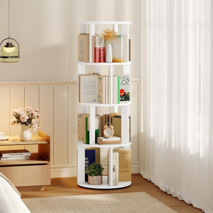White Four Tier Rotating Bookshelf Tower Floorstanding
