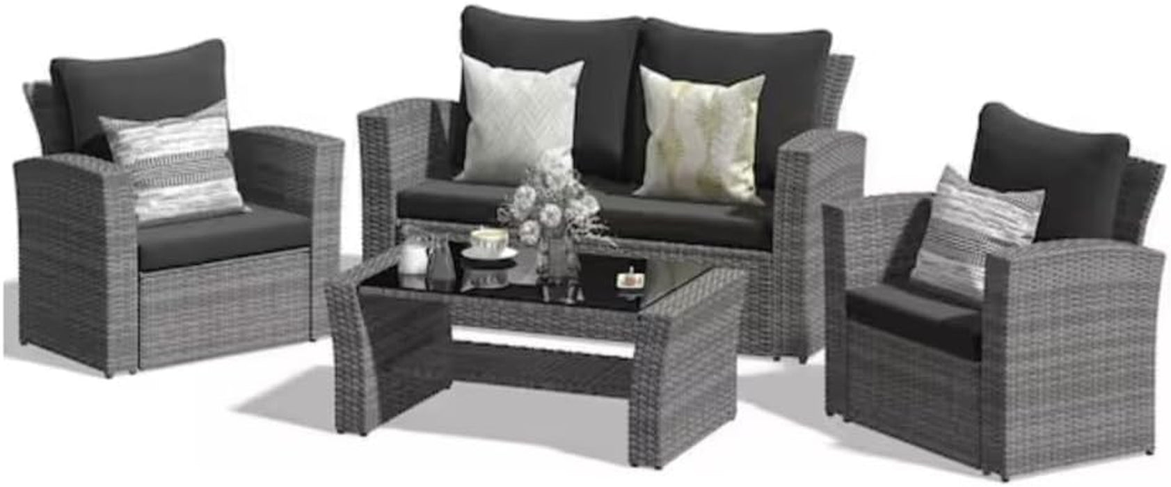 Wicker Patio Conversation Set with Tempered Glass Table and Outdoor Cushions for Backyard Living