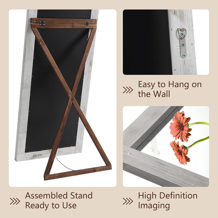 Rustic Floor Full Length Mirror Wood Frame, 56"X21" White Mirror