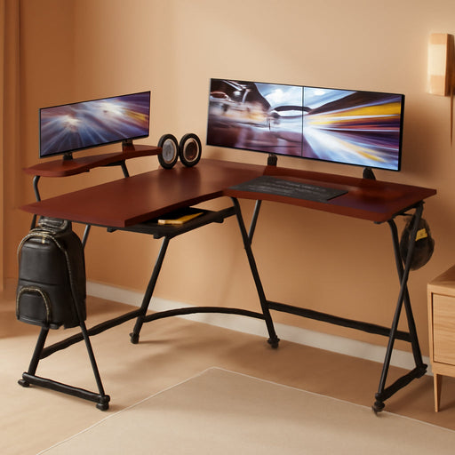 Vista L-Shape Desk with Monitor Stand, Cherry