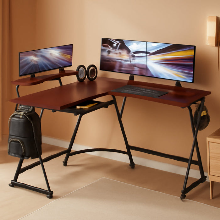 Vista L-Shape Desk with Monitor Stand, Cherry