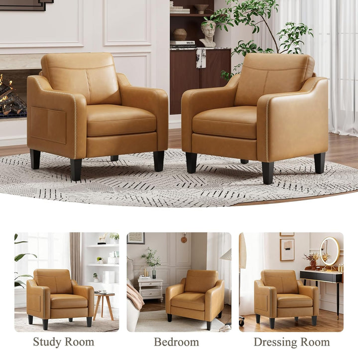 PU Leather Accent Chair Set of 2, Mid-Century Modern Living Room Armchair Sofa with Removable Cushions, Solid Wood Frame & Stitched Armrest Design, Bedroom Chair with Plastic Legs, Brown