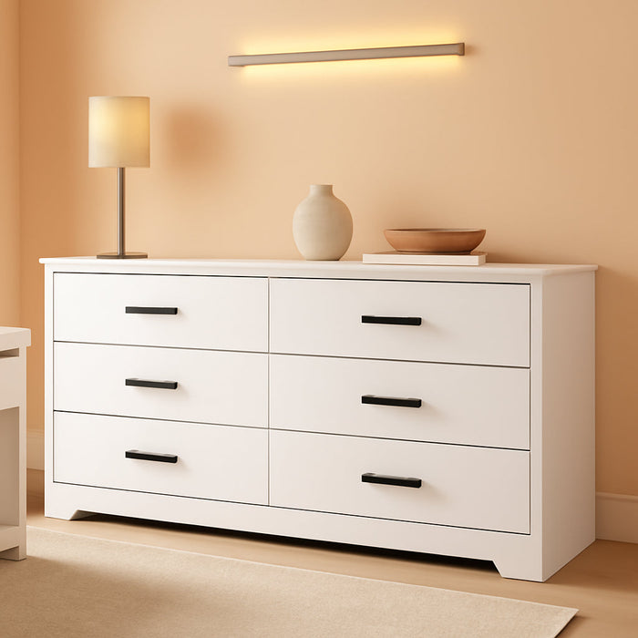 Wooden 5/6 Drawer Dresser, Wide Modern Chest of Drawers, Organizer with Storage Drawers for Living Room Bedroom Hallway Closet (White, 6 Drawers)