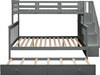 Twin over Full Bunk Bed, Wooden Bunk Bed Frame Twin over Full with Trundle and Storage Shelves, Twin over Full Size Bunk Beds with Staircases for Kids Teens Adults, Grey