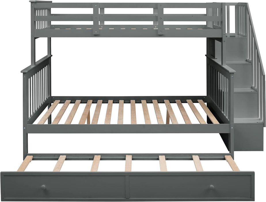 Twin over Full Bunk Bed, Wooden Bunk Bed Frame Twin over Full with Trundle and Storage Shelves, Twin over Full Size Bunk Beds with Staircases for Kids Teens Adults, Grey