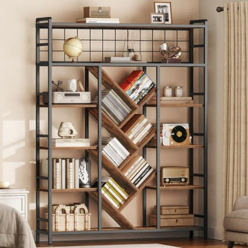 Triple 6-Tier Bookshelf, Industrial Large Bookcase with 18 Open Display Shelves, Modern Tree Bookcase with Metal Frame and Hanging Function for Living Room, Home Office, Rustic Brown and Black
