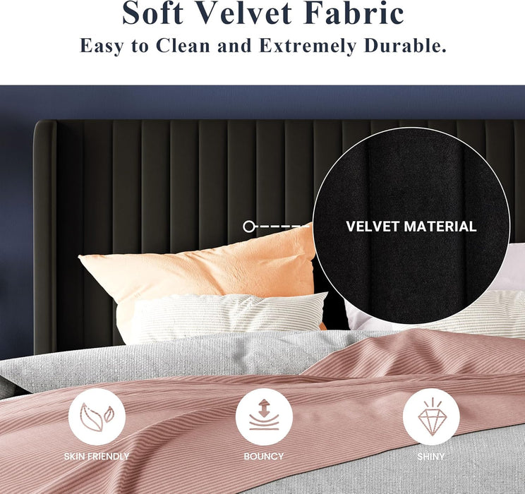 Queen Size Velvet Bed Frame/Vertical Channel Tufted Wingback Headboard/Upholstered Platform Bed/Strong Wooden Slats/No Box Spring Needed/Easy Assembly/Black