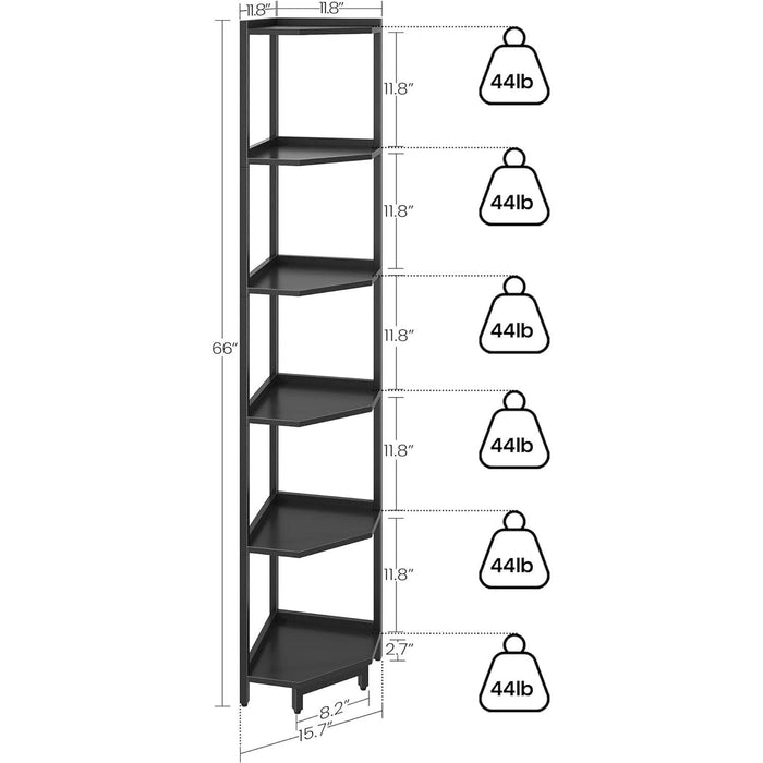Corner Shelf Stand, Corner Bookshelf, Storage Standing Shelf Unit with Metal Frame, Plant Stand, Corner Bookcase for Living Room, Home Office, Bedroom, 6-Tier Black CS06006B