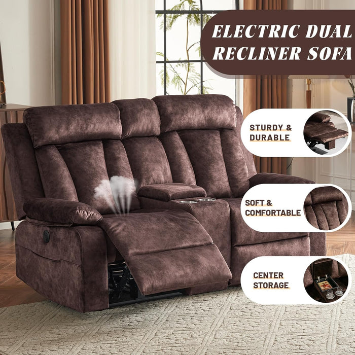 Electric Power Reclining Sofa Set - 3-Seater with Flip-Top Console & Massage Heat, Faux Leather Dual Recliner with USB Ports & Storage, Perfect for Living Room Comfort & Convenience (Brown)