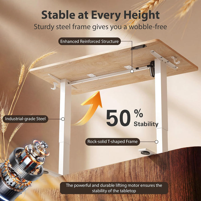 Standing Desk, 48X24 Inches Sit Stand Home Office Desk, Electric Stand up Desk, Adjustable Desk with Splice Board, White Frame/Maple Top