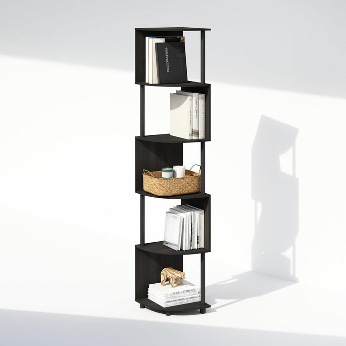 Basic Book Shelf, 5-Tier Bookshelf, Bookcase with Zigzag Corner Shelf, 14.2 X 14.2 X 71.2, for Living Room, Bedroom, Home Office, Espresso/Black