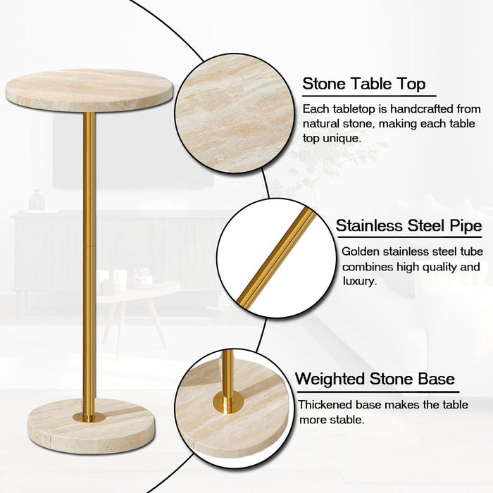 Φ9.8-Inch Marble round Drink Table, Stone Finish Pedestal End Table for Living Room, Weighted Base Small Accent Side Table for Small Space Office - Beige
