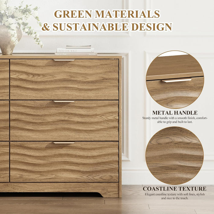 48" Wide 6 Drawers Dresser for Bedroom, Coastline Fluted Modern Dresser Drawer with Metal Handle, Storage Chest of TV Stand Organizers Wooden for Living Room, Hallway, Closet, Walnut Wood