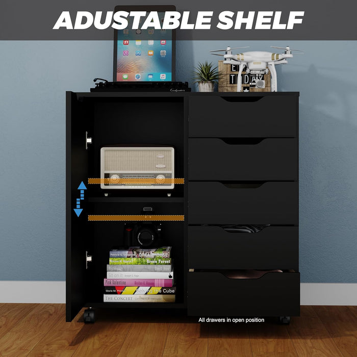 5-Drawer Chest with 1 Door, Wooden Chest of Drawers Storage Dresser Cabinet with Wheels, Office Organization and Storage, Bedroom Furniture (Black-S)