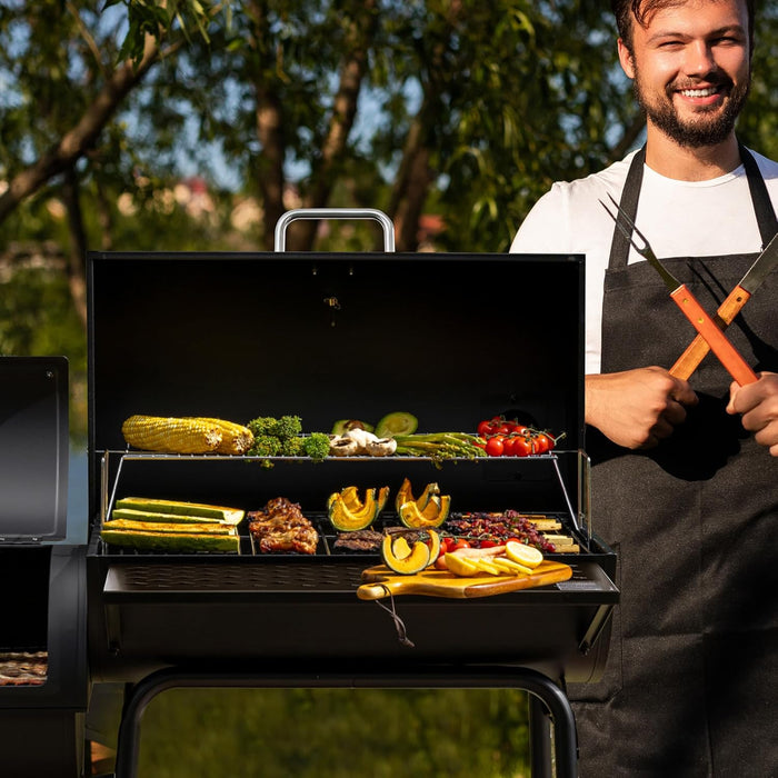 CC1830FC 28-Inch Barrel Charcoal Grill with Offset Smoker, 840 Sq. In. Cooking Area, Front Shelf, Charcoal Grill for Outdoor Grilling and Backyard Cooking, Black