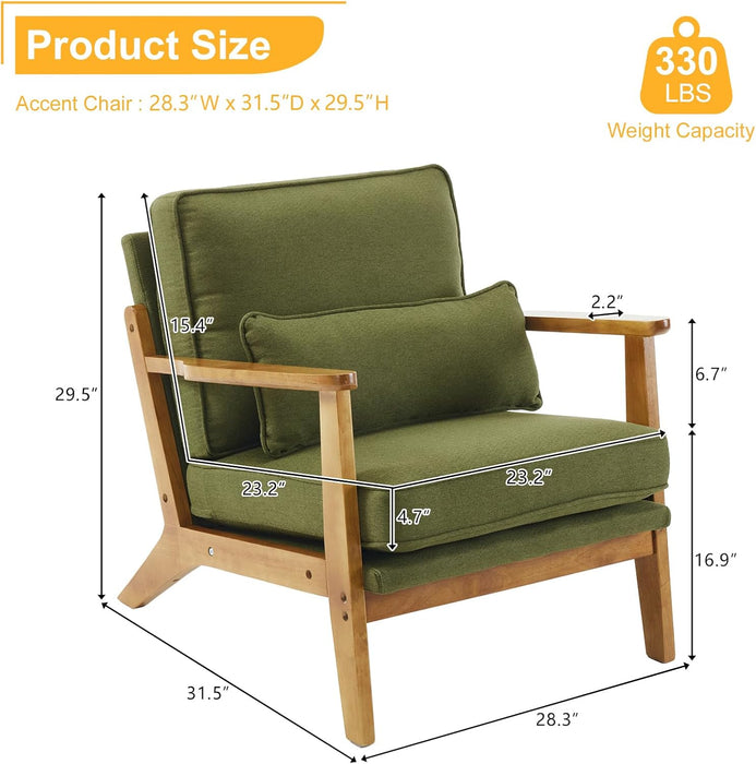 Accent Chair Wide Armrest Mid-Century Lounge Chair Linen Fabric Armchair with Lumbar Pillow & Solid Wood Frame for Living Room, Bedroom, Balcony, Green