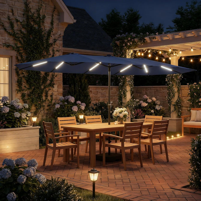 15FT Patio Umbrella with Solar Light Bar, Large Double-Sided Outdoor Table Umbrella with Base, Crank, Steel Ribs and Pole for Patio, Beach Sun Umbrellas for Backyard, Poolside, Navy Blue
