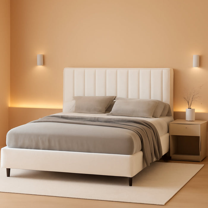 King Floating Bed Frame with LED Lights & Charging Station, Upholstered Platform Bed with Storage Headboard, Wood Slats Support, No Box Spring Needed, Easy to Assemble, White