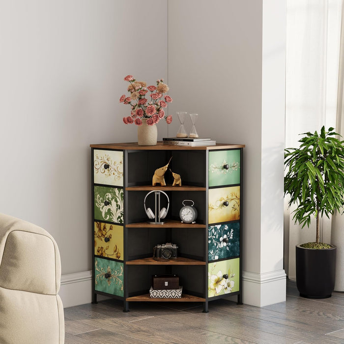 8 Drawers Corner Dresser with Storage Fabric Drawers and Open Shelves for Small Space，Bedroom，Entryway，Living Room (Retro Pattern)