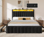 Queen Size Bed Frame with 4 Storage Drawers and RGB LED Lights, Velvet Upholstered Platform Bed with Charging Station and Bookcase Storage Headboard, No Box Spring Needed, Easy Assembly, Black