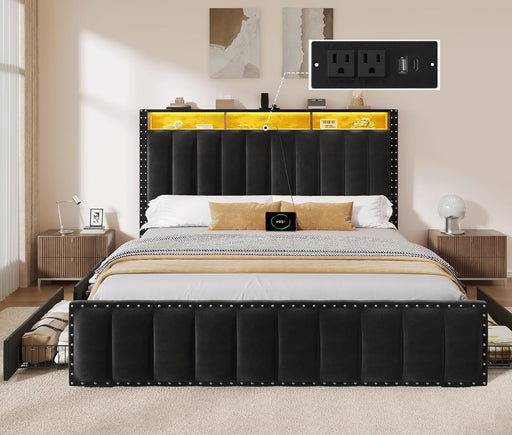 Queen Size Bed Frame with 4 Storage Drawers and RGB LED Lights, Velvet Upholstered Platform Bed with Charging Station and Storage Headboard, No Box Spring Needed, Easy Assembly, Black