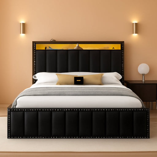 Queen Size Bed Frame with 4 Storage Drawers and RGB LED Lights, Velvet Upholstered Platform Bed with Charging Station and Storage Headboard, No Box Spring Needed, Easy Assembly, Black