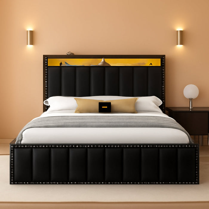 Queen Size Bed Frame with 4 Storage Drawers and RGB LED Lights, Velvet Upholstered Platform Bed with Charging Station and Storage Headboard, No Box Spring Needed, Easy Assembly, Black