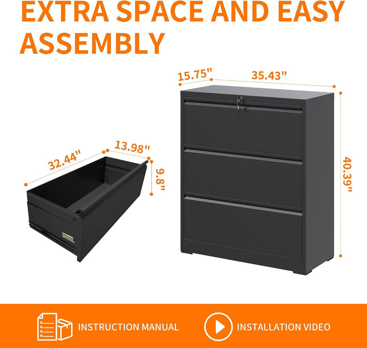3 Drawer Lateral File Cabinet with Lock,Black Home Office Cabinet
