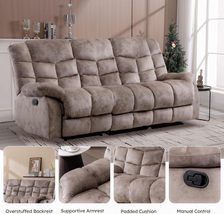 Manual Recliner Couch Set, Soft Fabric Reclining Living Room Sofa Set, Includes Single Recliner Chair and 3PC Bonded Sofa, Light Brown