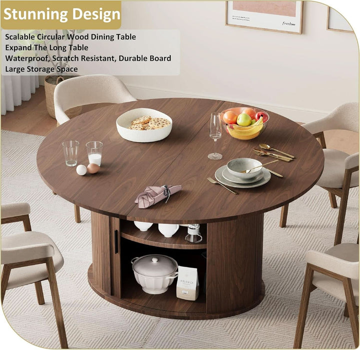 Dining Table for 4-6, 63“Extendable round Dining Room Kitchen Table with 2-Tier Storage Shelf, Fluted Wood Table with Slide Door, Expandable Wood Oval Dinner Furniture with Pedestal Base (Walnut)