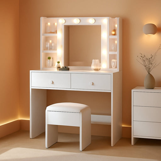 White Vanity Desk With Comprehensive Storage Mirror