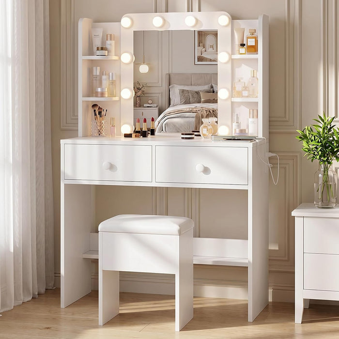 White Vanity Desk With Comprehensive Storage Mirror