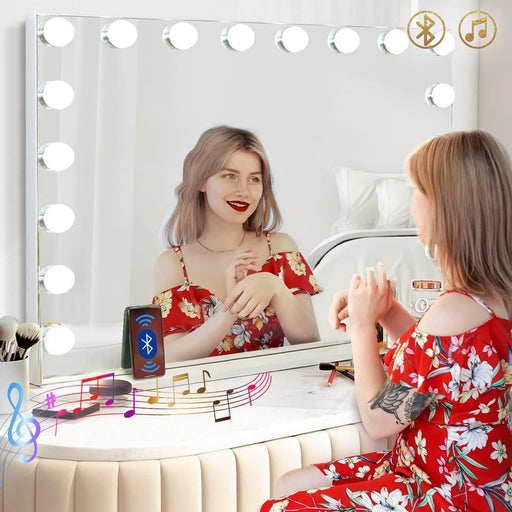 Vanity Mirror with Lights and Bluetooth Speaker 32"X 22.8" Hollywood Makeup Mirror with 18 LED Bulbs, Large Lighted Mirror with 3 Color Modes, USB Charging, 10X Magnification, Tempered Glass