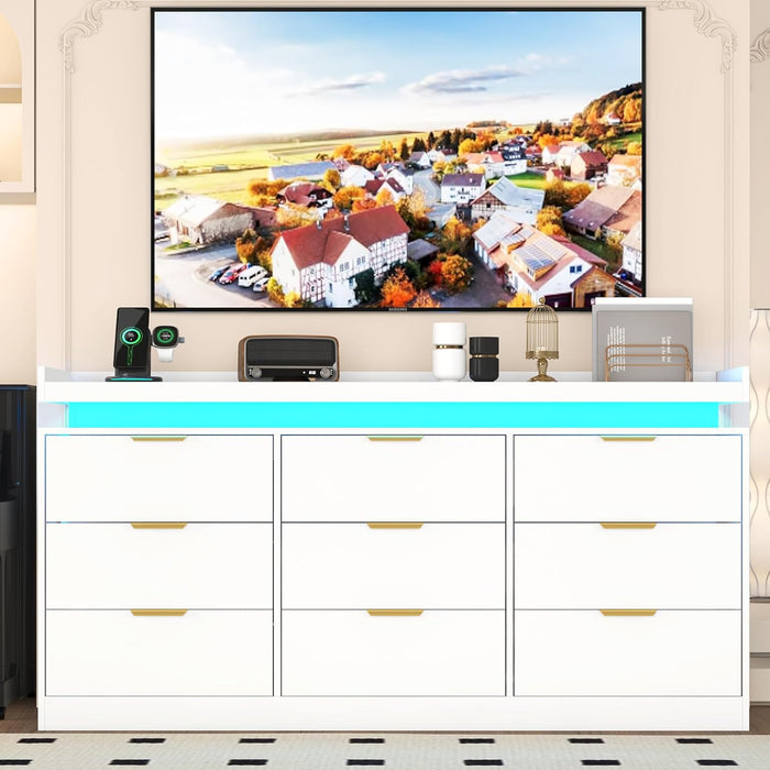 9 Drawer Dresser for Bedroom, White Dresser with LED Lights and Charging Station, Modern Chest of Drawer, Wood Triple Wide Drawer Organizer Cabinet for Bedroom, Living Room, Entryway, Hallway