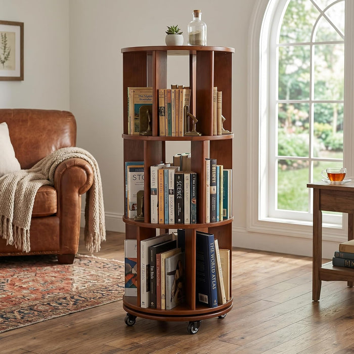 3-Tier 360° Rotating Rubber Wood Bookshelf with Wheels, Spinning Book Shelf | round Wooden Revolving Bookcase for Bedroom Small Space Home Office, Walnut