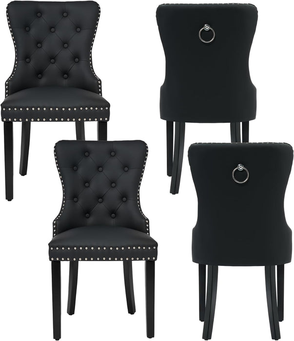 PU Leather Dining Chairs Set of 4, Tufted Upholstered Dining Room Chair with Solid Wood Legs and Pull Ring, Black
