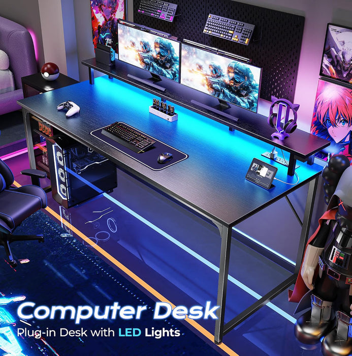 55 Inch Gaming Desk, LED & Power Outlets, Monitor Stand, Black