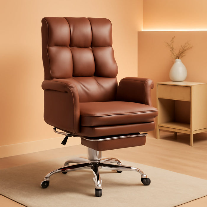 Executive Office Chair, PU Leather Ergonomic Office Desk Chair with Footrest, Reclining and Swivel Chair, Brown
