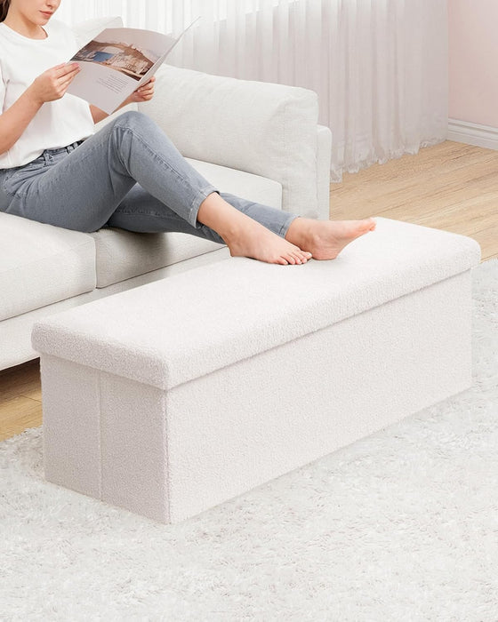 Small Storage Ottoman Cube Sherpa Ottomans Foot Rest, Foldable Boucle Ottoman Bench, Faux Teddy Fur, Cream White 43.3"X15"X15"