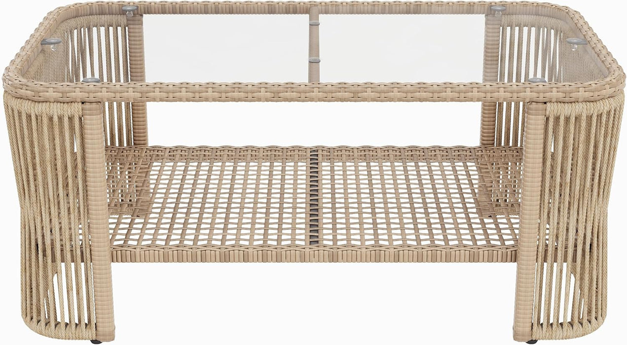 Outdoor Patio Furniture Set, PE Rattan Wicker Conversation Sofa Set with Iron Frame Cushions and Glass Top Coffee Table, Modular Backyard Balcony Seating Set, Dark Beige