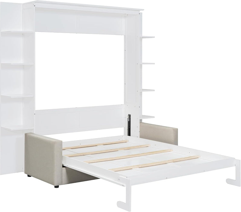 Queen Murphy Bed with Couch and Storage Shelves,Wood Fold up Murphy Bed Cabinet with Storage Shelves and Sofa,White